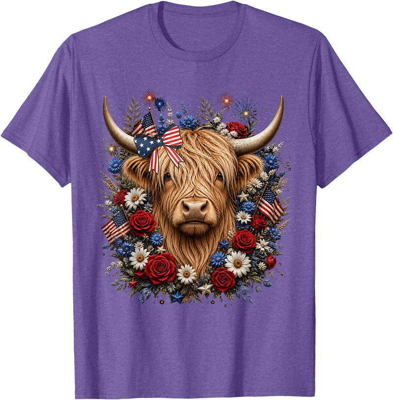 Funny July 4th Highland Cow Farm Lovers Highland Cow Florals 4th of July USA Flag Patriotic Women T-Shirt - Purple Heather