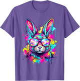 Happy Easter Bunny Face Tie Dye Bunny Rabbit with Glasses T-Shirt in Purple Heather
