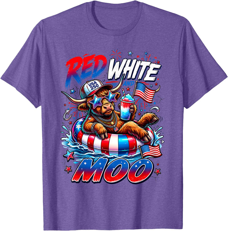Cute Red White Moo Highland Cow 4th July Summer Red White and Moo Highland Cow 4th July 250 Years Patriotic T-Shirt - Purple