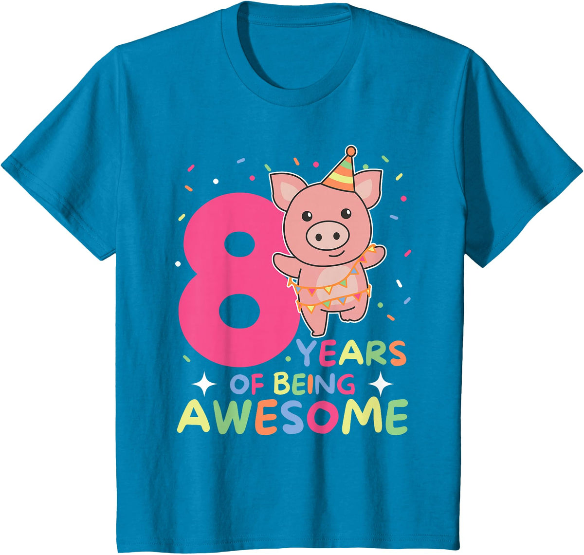 Pig Birthday Gift Cute Animals 8th Birthday Pig For Kids Eight Years Old T-Shirt - Sapphire Blue