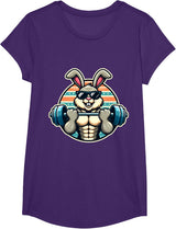 Happy Easter Bunny Rabbit Lifting Weights Training Muscular T-Shirt - Girls Purple