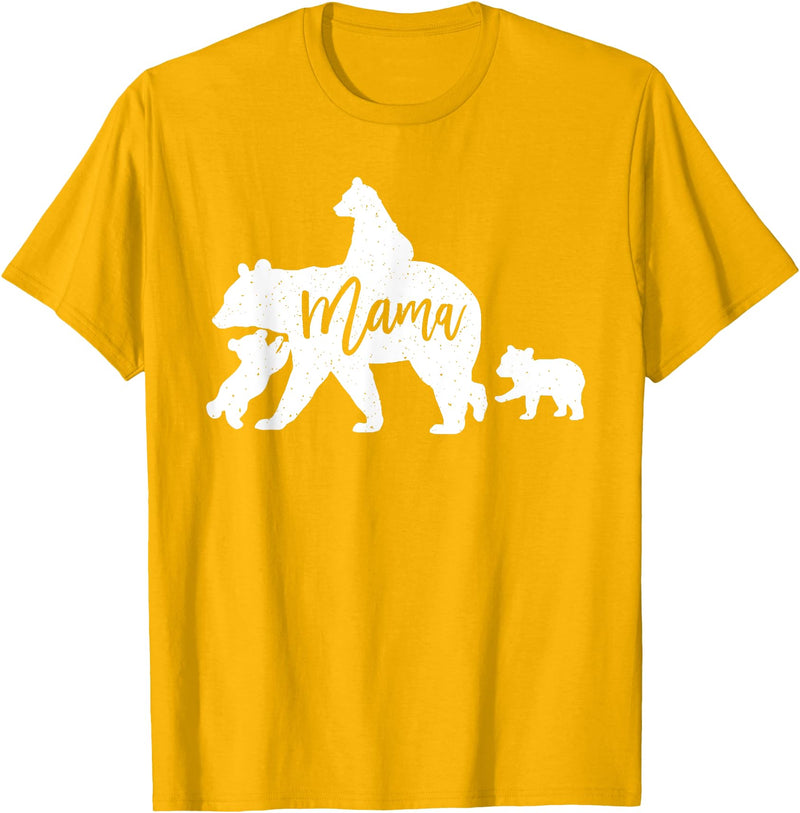Artsy Mommy Bear Silhouette Nature Family Gifts Mama Bear 3 Baby Bear Cubs Following Riding on Back T-Shirt T-Shirt - Golden Yellow