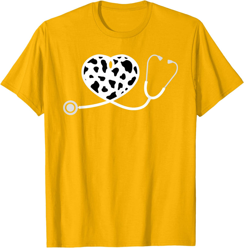 Cute Cow Print Design Stethoscope Gifts Him Her Cow Print Pattern Nurse Doctor Cardiology Stethoscope Heart T-Shirt - Golden