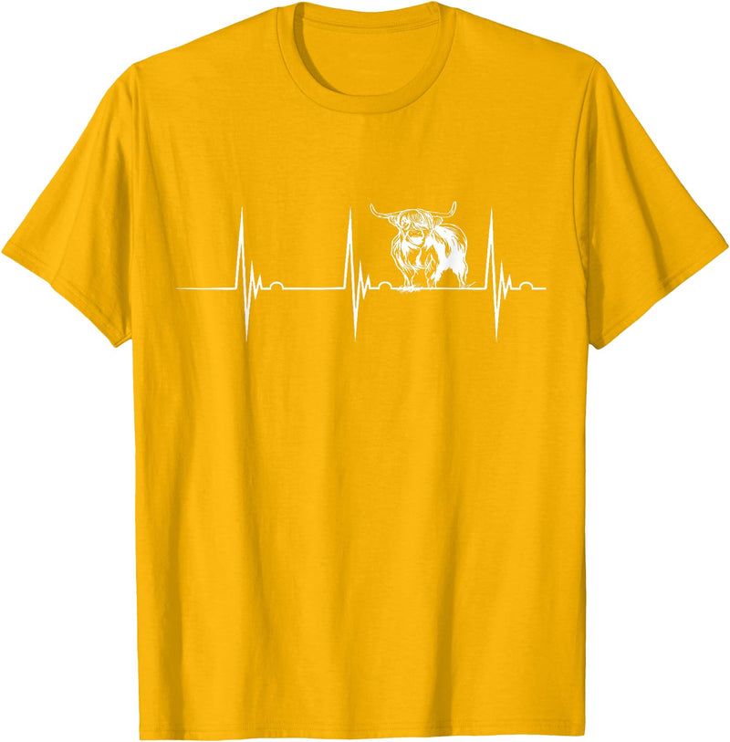 Loveable Highland Cows Hairy Coos Scottish Highland Cow Heartbeat EKG Pulse Highlander Cow T-Shirt - Golden Yellow