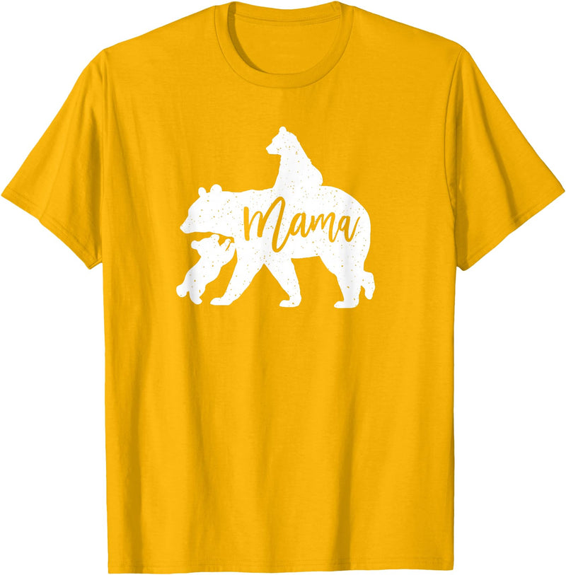 Artsy Mommy Bear Silhouette Nature Family Gifts Mama Bear 2 Baby Bear Cubs Playing Riding on Back T-Shirt - Golden Yellow