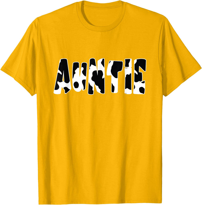 funny saying Gifts for Family Members and more Auntie Cow Print Cow Pattern T-Shirt, Black - Golden Yellow
