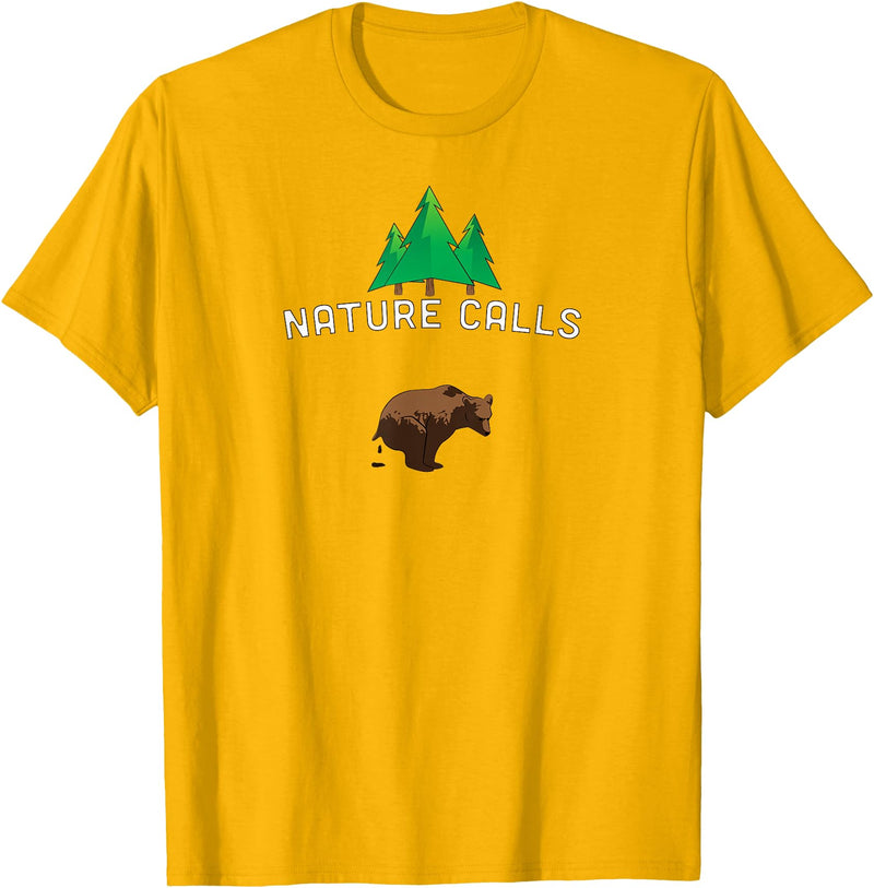 Deer Hunt Shirts Nature Calls with a pooping bear, funny elk hunting fishing T-Shirt - Golden Yellow