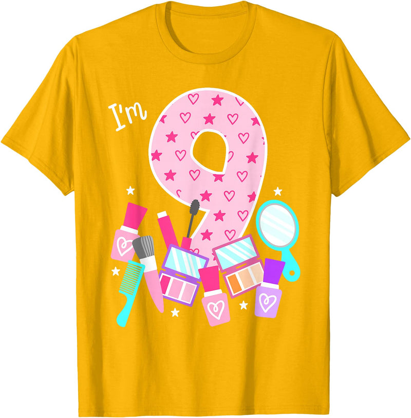 Birthday Girl Spa Squad Outfit Gifts Shop Spa Birthday Party I'm 9 Girls Makeup 9th Bday Kids Toddlers T-Shirt - Golden
