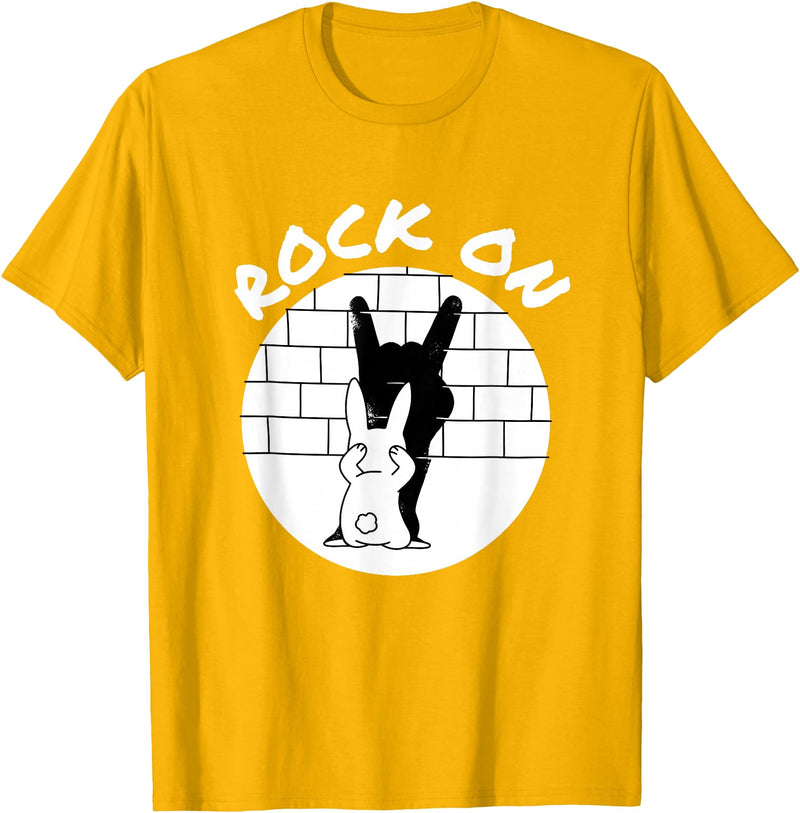 Funny Rock on Bunny Rabbit Shadow Puppet Rock N Roll Hand T-Shirt in Golden Yellow