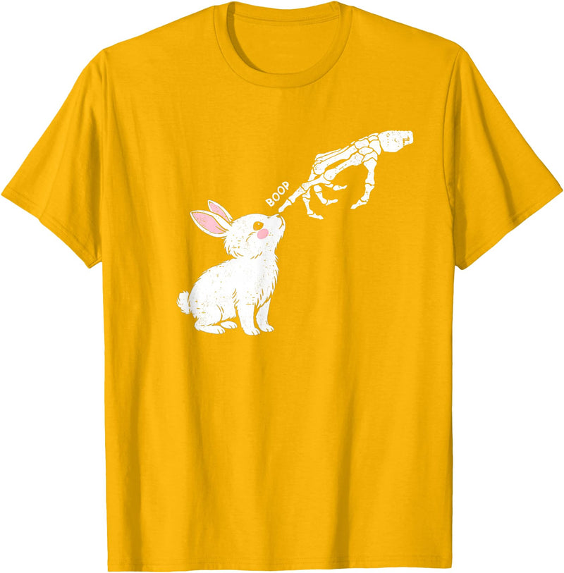 Cute Skeleton Hand Boop Bunny Rabbit Funny Easter Day T-Shirt in Golden Yellow