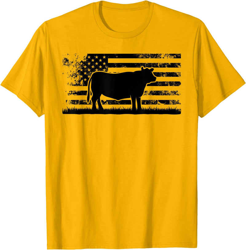 Funny Red Angus Rancher Gift for Cattle Lover USA American Flag - America Cow Red Angus Rancher T-Shirt - Golden Yellow
