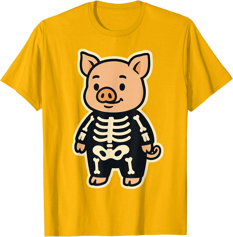 Spooky Cute Cartoon Animals in Halloween Outfits Funny Pig Skeleton Costume for Kids Boys Girls Halloween T-Shirt - Golden Yellow