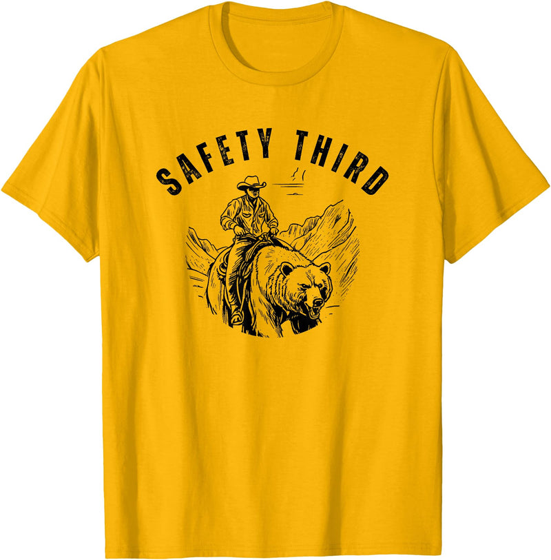 Exteevaganza Safety Third Cowboy Riding Bear Humorous Graphic T-Shirt - Golden Yellow