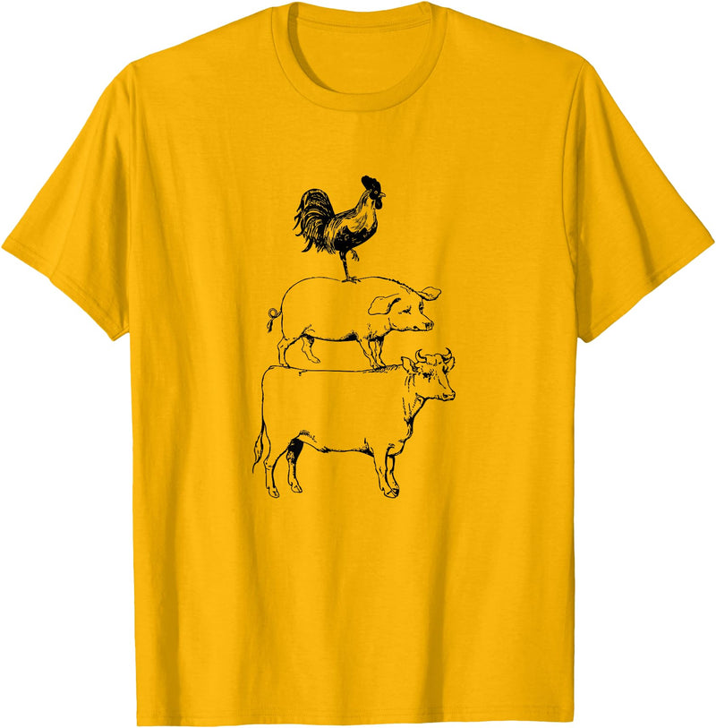 Tee Farm Stacked Farm Animals Cow Pig Rooster Meat Lover Farm Lover T-Shirt - Golden Yellow