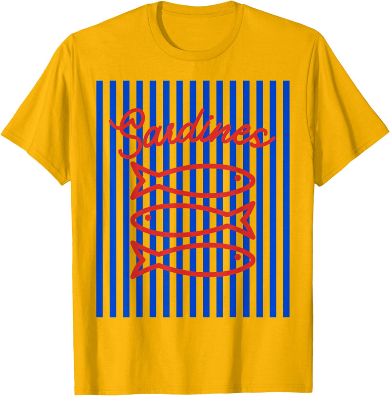 Sardines maritime fisherman aesthetic Fisherman aesthetic white blue stripes with sardine fish T-Shirt - Golden Yellow