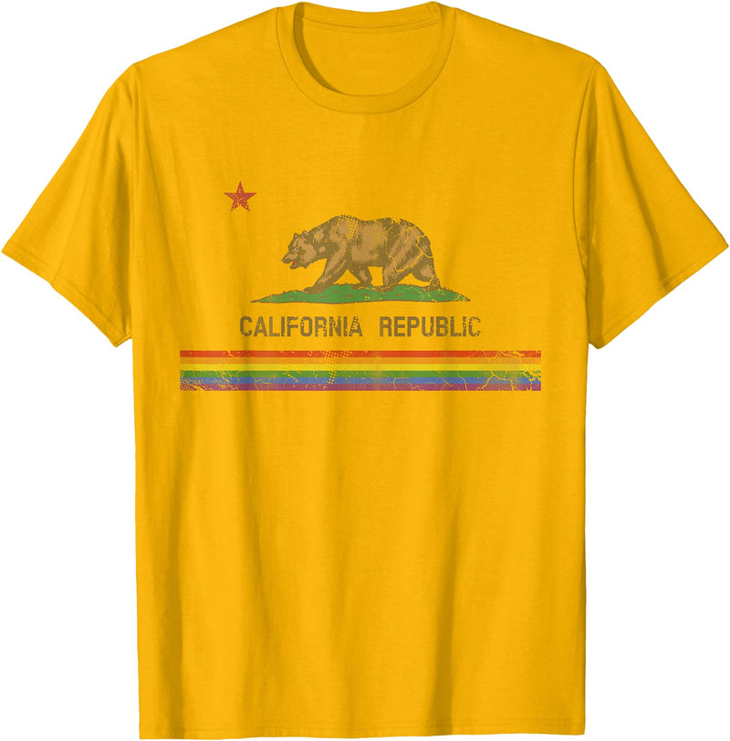 California LGBTQ+ Gift Men Women Couples Groups California Republic Bear LGBT Gay Pride Month Rainbow Flag T-Shirt - Golden Yellow