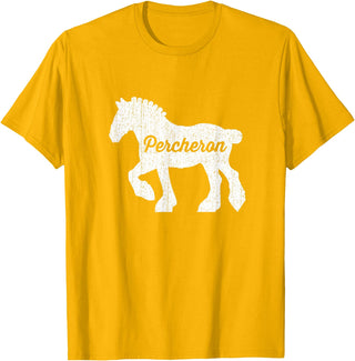 Angry Ant Graphics - Percheron Horse Distressed Silhouette of Percheron Draft Horse T-Shirt - Golden Yellow