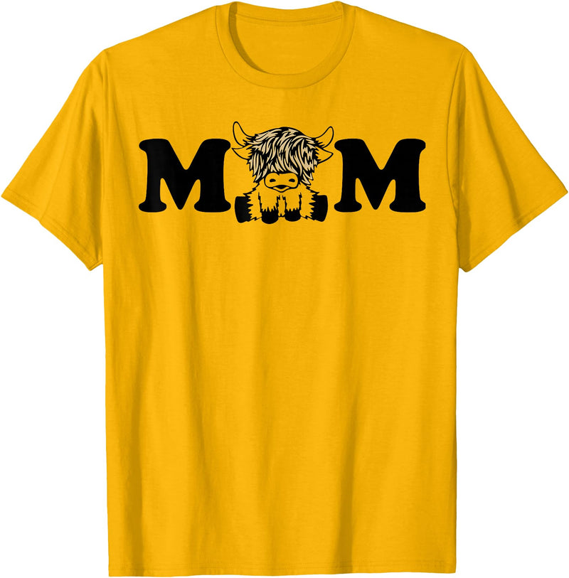 Highland Cattle Corner Messy Bun Life Hair Glasses highland cow mom T-Shirt - Golden Yellow