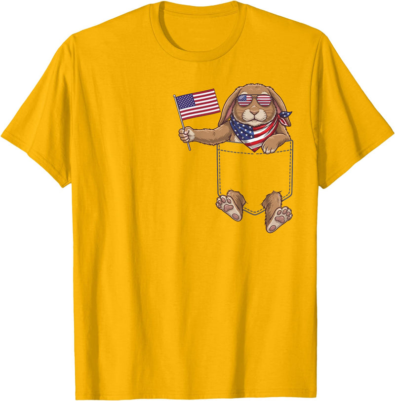 Rabbit Pocket Patriotic American Flag 4th of July USA T-Shirt in Golden Yellow