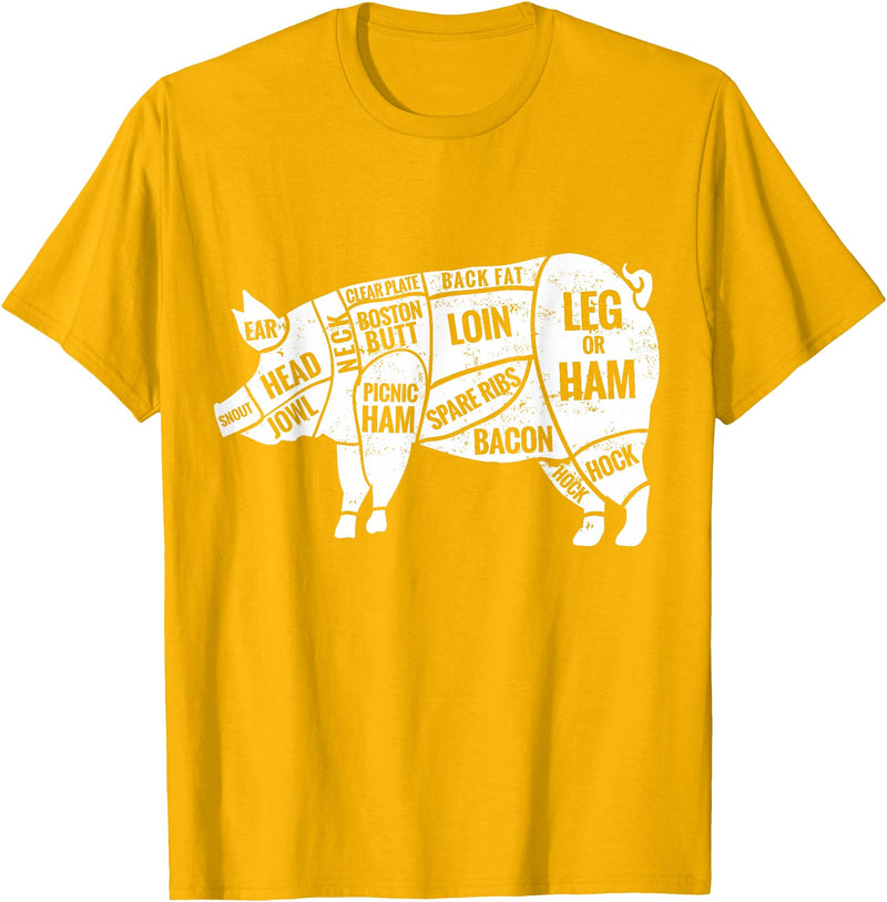 Pig Diagram T-Shirt | Butcher T-Shirts Pig and Pork Diagram Shirt, Butcher Shirt, Bacon Tee T-Shirt - Golden Yellow