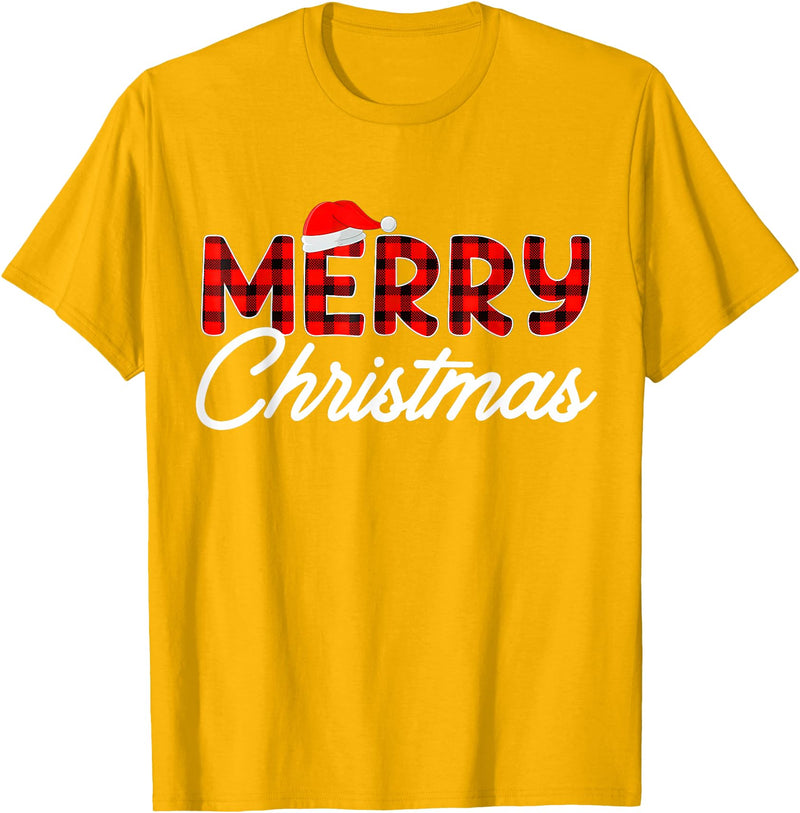 Merry Christmas Buffalo t -shir t Merry Christmas Buffalo Plaid Red Santa Hat Xmas Pajamas T-Shirt - Golden Yellow