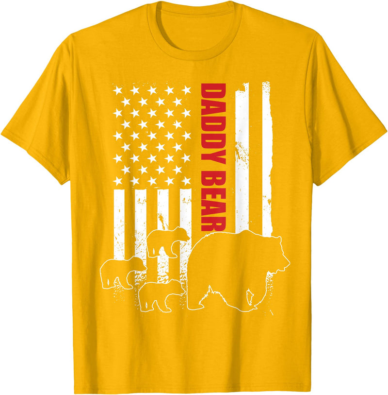 Vintage Gift for proud Dad of three Kids 4th July Daddy Bear with 3 cubs American Flag Daddy Bear Triplets T-Shirt - Golden Yellow
