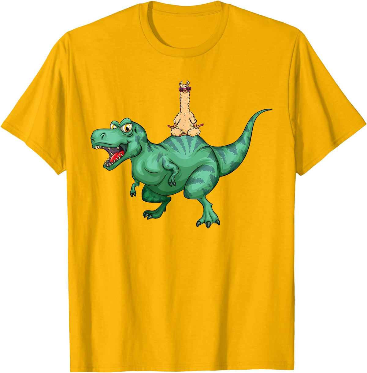 cute funny Llama Gifts and more Alpaca Llama riding Dinosaur T-Rex T-Shirt - Golden Yellow