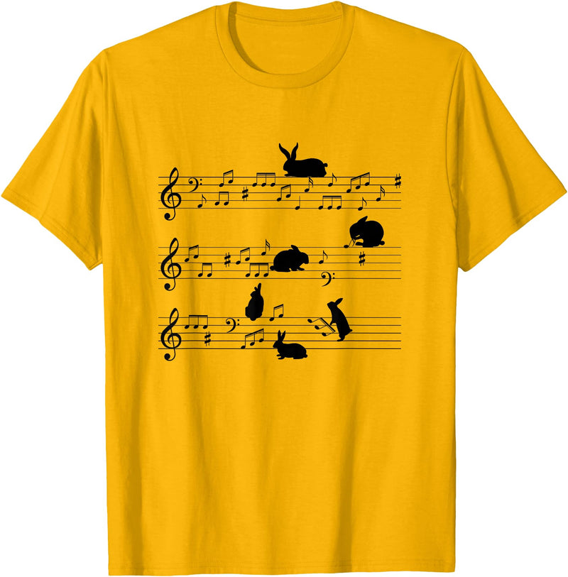 Cute Bunny Rabbit Playing Music Notes Musician T-Shirt in Golden Yellow