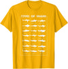 I Love Sharks Design T-Shirts 360 21 Types of Shark | Marine Biology Gift T-Shirt - Golden Yellow