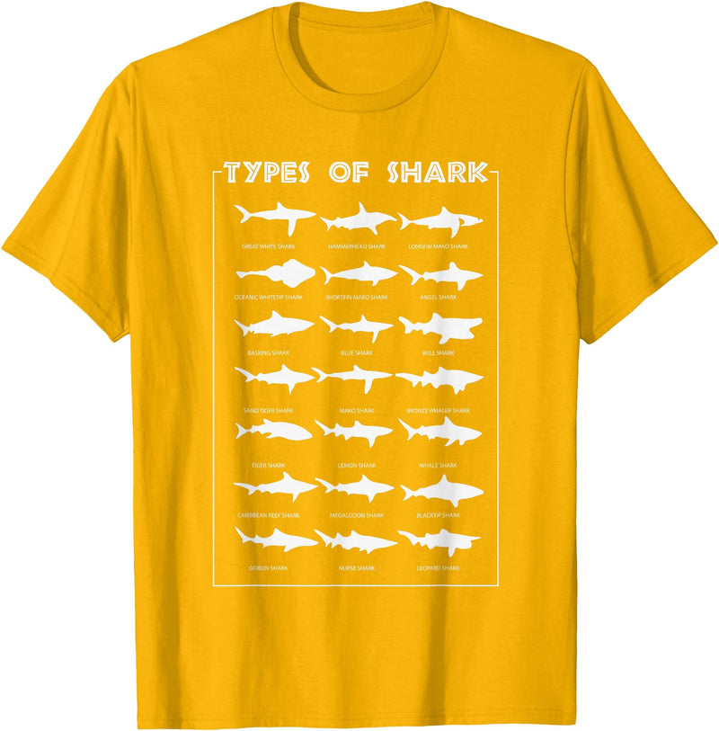 I Love Sharks Design T-Shirts 360 21 Types of Shark | Marine Biology Gift T-Shirt - Golden Yellow