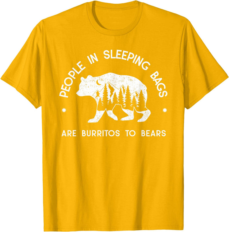 IN NATURE DESIGN CO. PEOPLE IN SLEEPING BAGS ARE BURRITOS TO BEARS T-Shirt - Golden Yellow