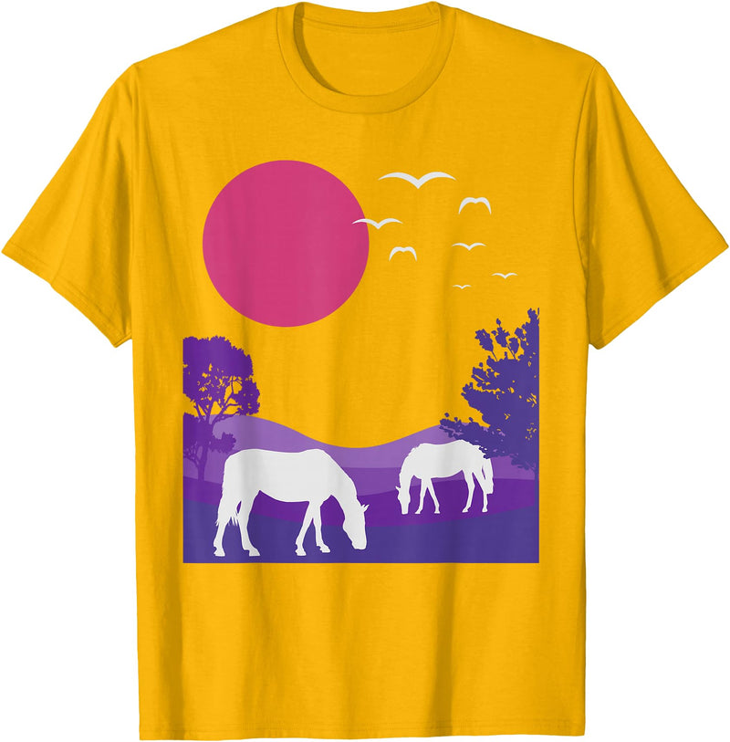 Naturfreunde Naturliebhaber Geschenke Steppe Landscape Horses Nature Minimalist Design T-Shirt - Golden Yellow