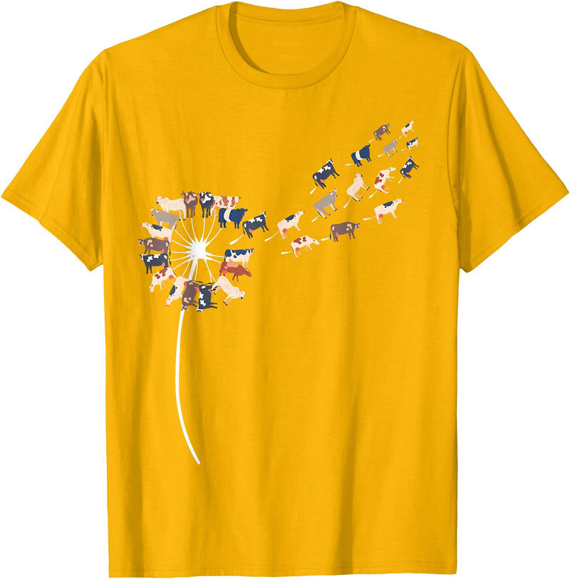 Womens Cow Design Dandelion Cows Stuff for Cow Lover | Womens Cow T-Shirt - Golden Yellow