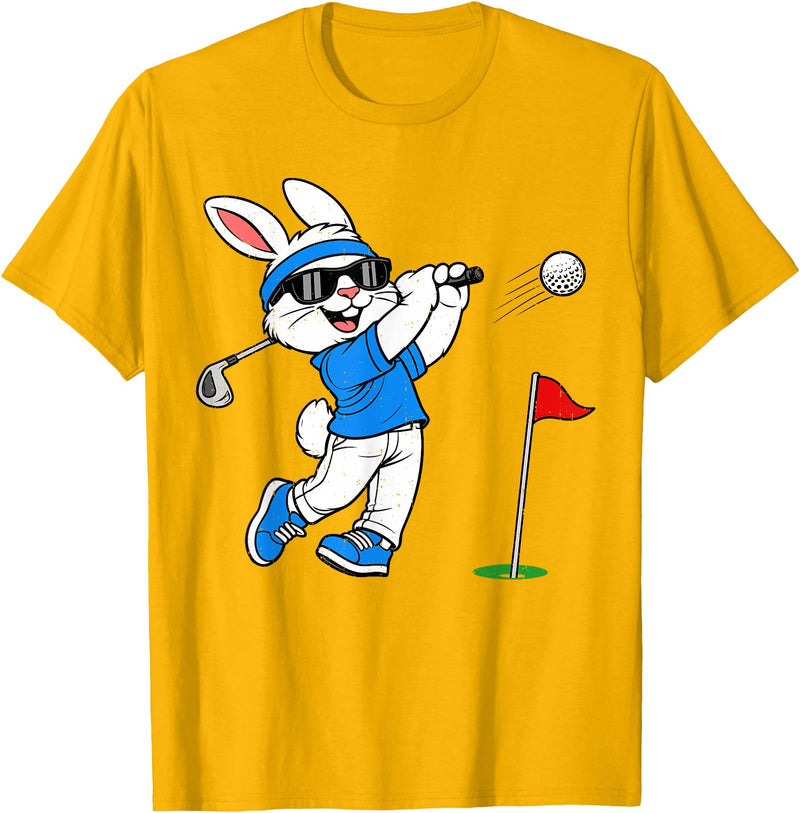 Bunny Playing Golf Golfing Rabbit Easter Sport Men Boys Kids T-Shirt in Golden Yellow