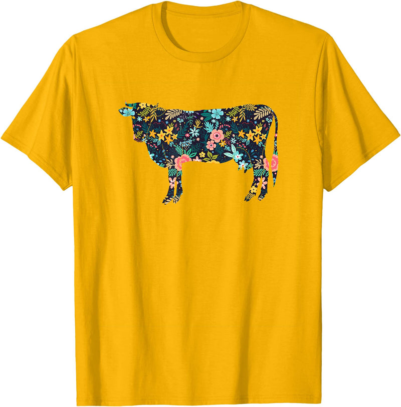 Cow Floral Silhouette Cattle Farm Lover Floral Cow Silhouette Womens Girls Cow Farm Animal T-Shirt - Golden Yellow