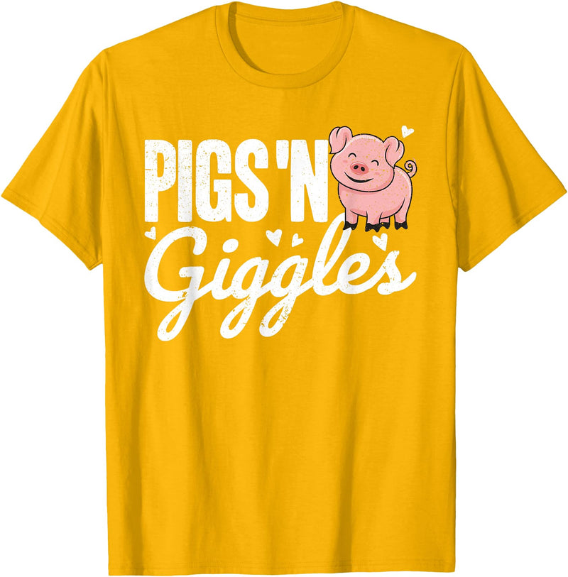The Cute Pig Farming Apparel Co. Pigs 'n Giggles Funny Farm Pig Farmer Pigs Women Girls T-Shirt - Golden Yellow