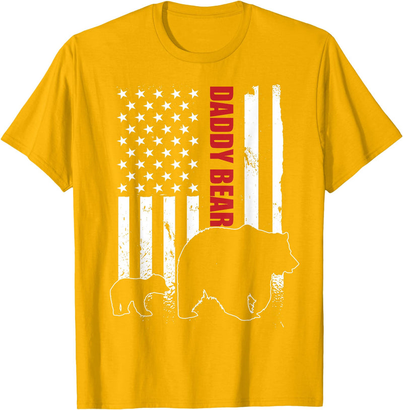 Vintage Gift for proud Dad 4th of July Daddy Bear with cub American Flag Papa Bear Father's Day T-Shirt - Golden Yellow