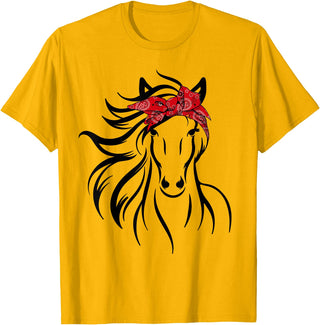 Horse Bandana Tee For Women Girls Tee Horse Bandana Tee for Horseback Riding Horse Lover T-Shirt - Golden Yellow