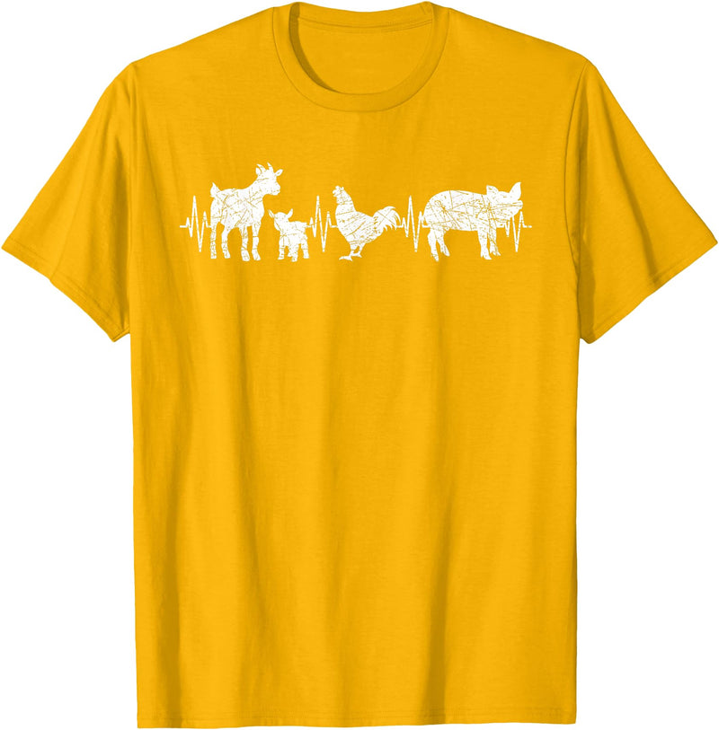 Farmer Farm Animal Lover Gifts Goat Chicken Pig Agriculture Heartbeat Farm Animals T-Shirt - Golden Yellow