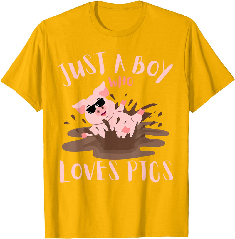 Funny Pig Lover Farm Animals Just A Boy Who Loves Pigs sunglasses In the Mud Kids Boy T-Shirt - Golden Yellow