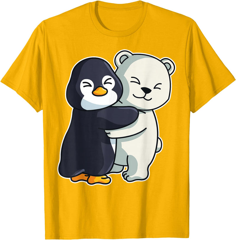 Penguin and Polar Bear Hug Arctic Animal Polar Bear and Penguin Cute North Pole Animals Hugging T-Shirt - Golden Yellow