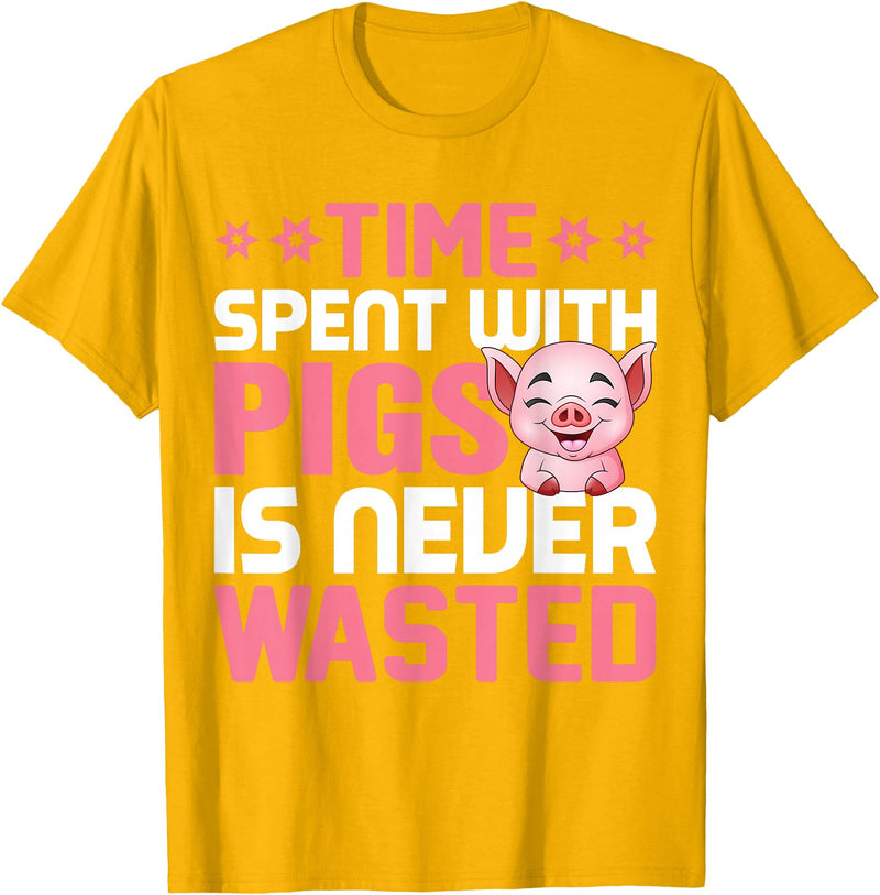 Funny Pig Farm Piggy Farmer Farming Gifts DAIMMER Time Spent With Pigs Is Never Wasted T-Shirt - Golden Yellow