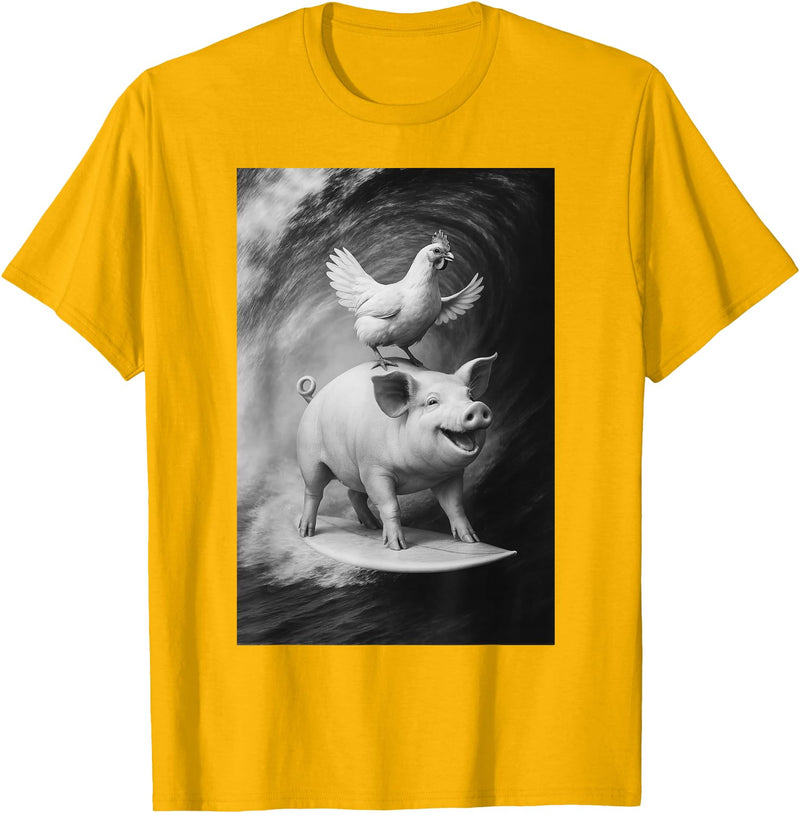 Surf Animal Lovers Funny Pet Summer Waves Vibes. Funny Surfing Pig and Chicken Selfie On Farm Animal T-Shirt - Golden Yellow