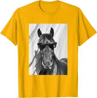 Funny Animal Photography Clothing Co. Cute Horse with Sunglasses Farm Animal Photo Booth T-Shirt - Golden Yellow