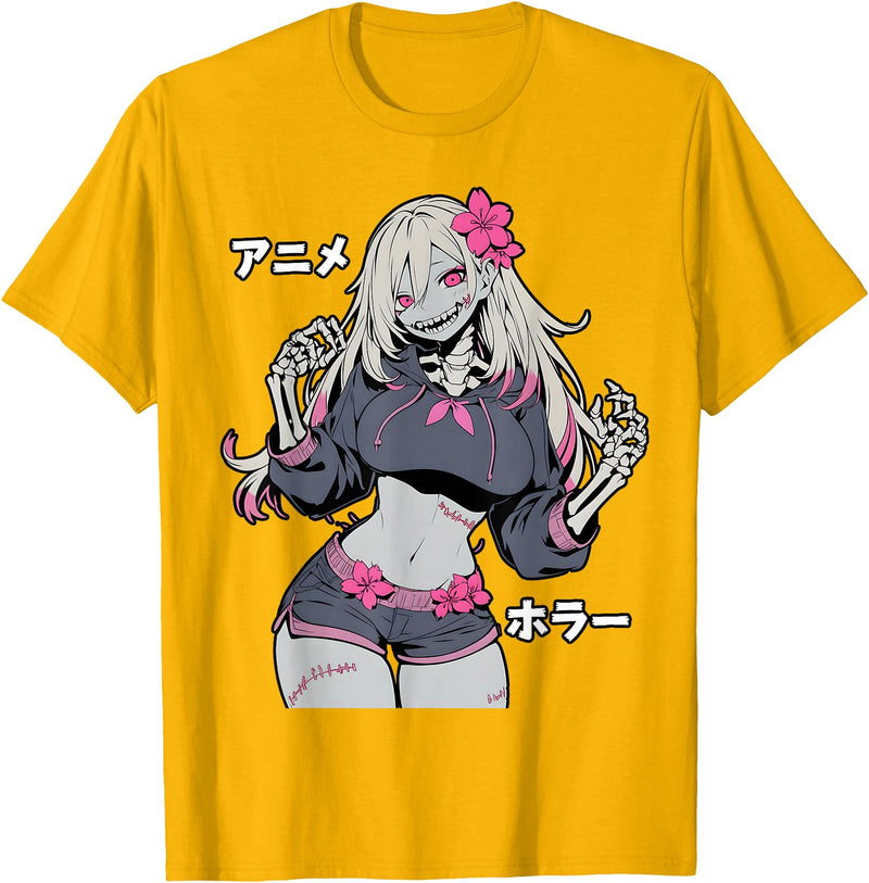 Dinosaurus Rekx Horror Anime Waifu Girl Japanese Zombie Skeleton Graphic T-Shirt - Golden Yellow