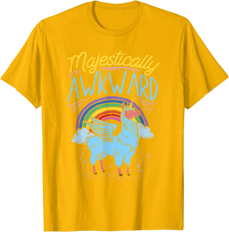 Llama Queen Birthday Party Gift Majestically Awkward Funny Llamacorn Llama Unicorn Rainbow T-Shirt - Golden Yellow