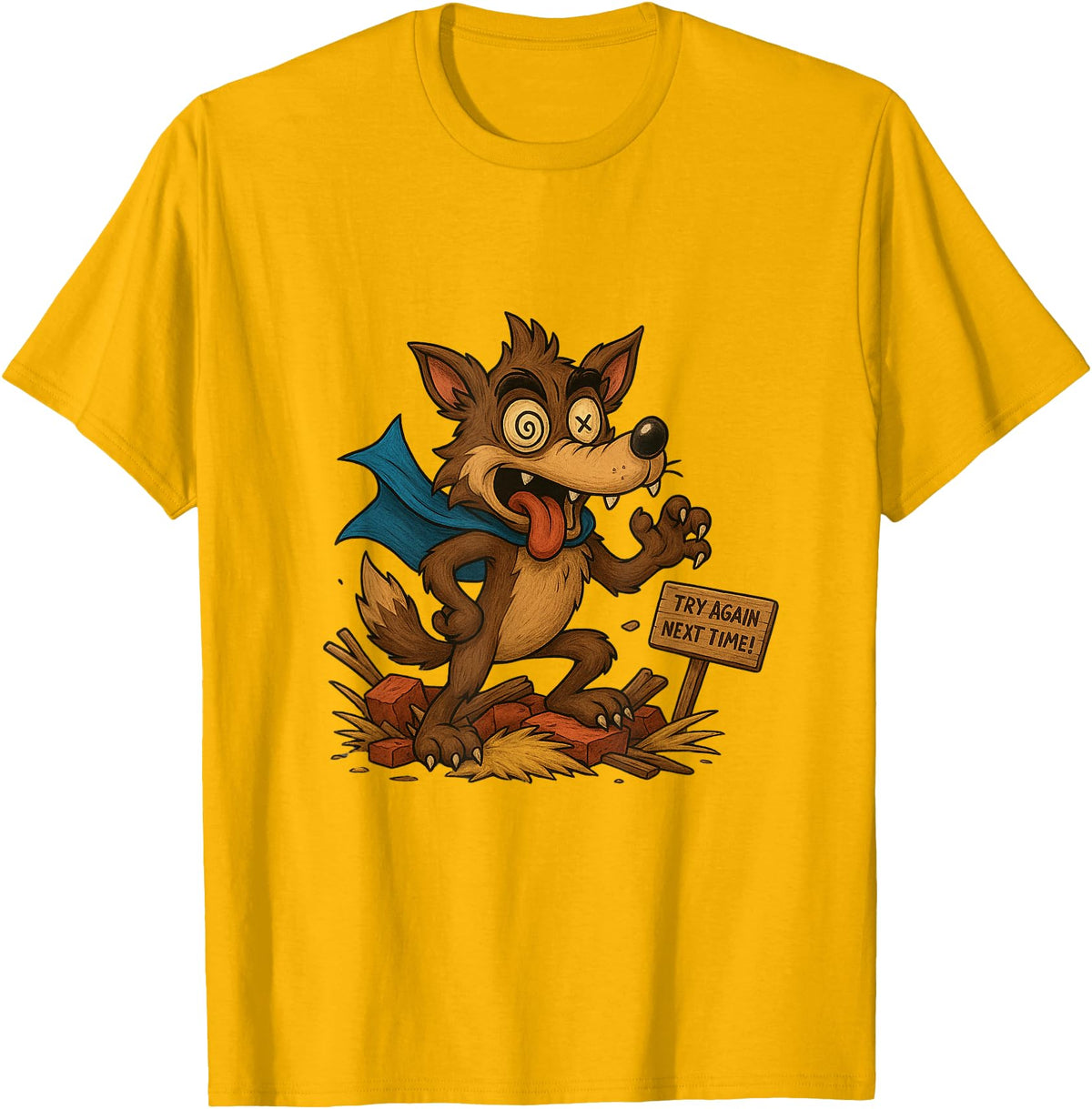 Three Hero Pigs Storytime Legends Bad Wolf in personalized costume 3 Pigs on the back T-Shirt - Golden Yellow