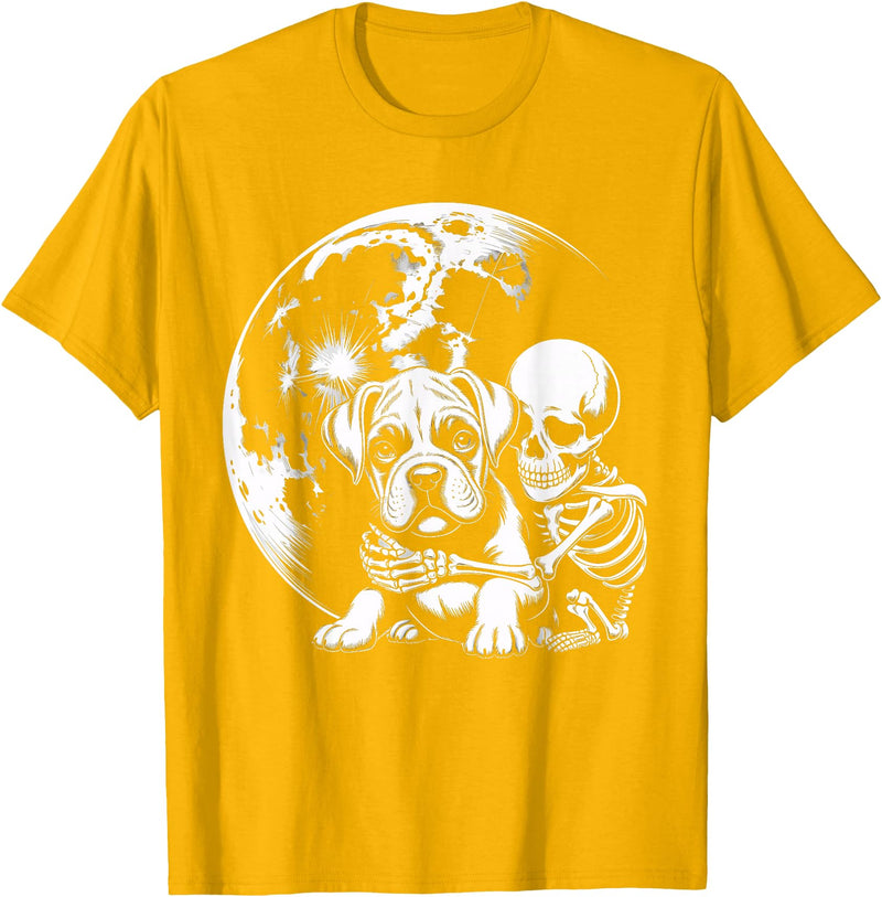 Cute Skeleton Boxer Dog Halloween Women Men Skeleton Hugging Dog Halloween Boxer Lover Mom Dad T-Shirt - Golden Yellow