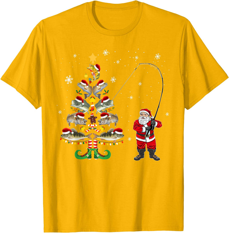 Fishermans Christmas Pajama Gift Tree Lights Merry Fishmas T-Shirt - Golden Yellow