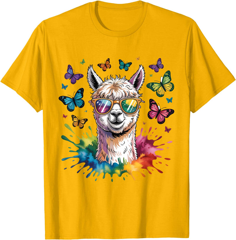 Funny Llama Lover Graphics Cute Llama with Sunglasses Animal Art Graphic Funny Alpaca T-Shirt - Golden Yellow